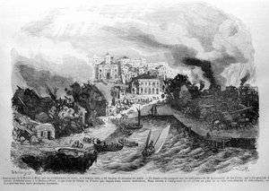 Zerstörung von Pointe-à-Pitre (Guadeloupe) durch ein Erdbeben am 08.02.1843. Gravur 1843.