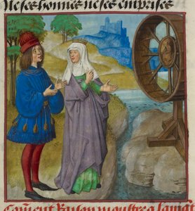 (Detail) Miniatur von Raison (Vernunft), die dem Liebhaber das Rad des Schicksals zeigt, aus 