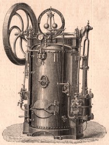 Detaillierte technische Ansicht einer kleinen Dampfmaschine, produziert in Paris im Jahr 1866: Kessel, Zylinder, Kolben, Pleuelstange und Schwungrad von Unknown