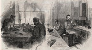 Diamantschleifen in einer Werkstatt in den Niederlanden: Spalter und Polierer - Gravur in „Le Monde Illustré“ von Unknown artist