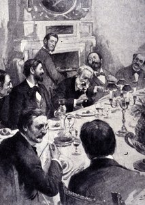 Essen am Tisch von Victor Hugo mit Jean Mounet Sully (Mounet-Sully) (1841 - 1916), französischer Schauspieler. Gravur des 19. Jahrhunderts