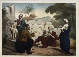 Diskussion zwischen Hiob und seinen Freunden über Hiobs Unglücke: Gott prüft Hiobs religiösen Glauben, der seine Treue zu Gott beweist, indem er seine Unglücke als Strafe für seine Sünden erklärt. Anonyme Gravur aus der Mitte des 19. Jahrhunderts. von Unknown artist