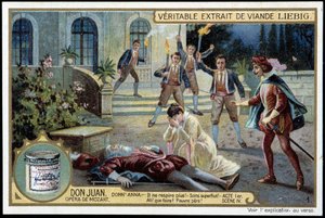 Donna Anna entdeckt ihren toten Vater - „Er atmet nicht mehr! Überflüssige Sorge! Was tun? Armer Vater! - Akt I, Szene 4 von Don Juan (Don Giovanni), Oper von Mozart (1756-1791) - Liebig Chromolithographie