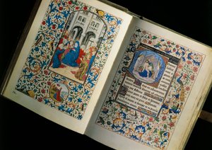 Doppelseite eines offenen Manuskripts (Buch): Die Herabkunft des Heiligen Geistes. Miniatur nach dem Brevier von Maria von Burgund