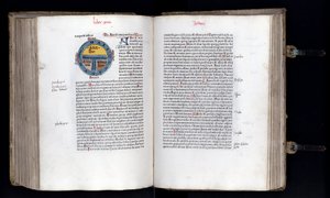 Doppelseite mit der schematischen Weltkarte im T-O-Modell, drei Kontinente sind dargestellt (Asien, Afrika und Europa). Manuskript „Ethymologies“ (Etymologiae) von Isidorus (Isidor von Sevilla) (560/570-636) 12. Jahrhundert. 1472 von Unknown artist