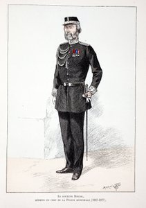 Dr. Roudil, leitender Arzt der städtischen Polizei (1867-1877). Farbradierung zur Illustration „Histoire du corps des gardiens de la paix“ Buch veröffentlicht unter der Schirmherrschaft von Louis Lepine (1846-1933) Polizeipräfekt der Seine, von Alfred Rey  von Unknown artist