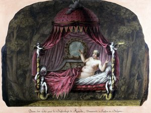Zeichnung eines Bettes für den Bey von Rumelien, wohnhaft in Sofia, Bulgarien. Eine nackte Frau lädt ihn ein, sich zu ihr zu gesellen. J. J. Lepreu von Unknown artist