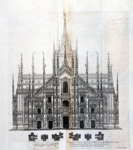 Zeichnung der Fassade des Doms von Mailand, die ihre Einheit mit dem Gebäude zeigt. Viele architektonische Projekte wurden um das 17. Jahrhundert herum entworfen, um die Fassade zu vervollständigen, die unvollendet geblieben war von Unknown artist