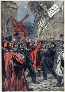 Dreyfus-Affäre - Paris - 1898: antisemitische Demonstration in Montmartre. Eine Effigie von Martin Dreyfus, Alfreds Bruder, wird auf dem Platz verbrannt, mit einem Schild um den Hals: „Dreyfus hat den Galgen. Es lebe Frankreich!“ Illustration in „Le Peleri von Unknown artist