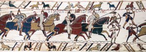 Herzog Wilhelm ermutigt seine Truppen, sich auf die Schlacht gegen die englische Armee vorzubereiten, Teppich von Bayeux