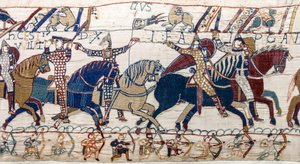 Herzog Wilhelm zeigt seinem Heer das Gesicht, Bayeux-Tapete (Wollstickerei auf Leinen) von Unknown artist