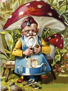 Zwerg oder Kobold schält Kartoffeln. Chromolithographie aus dem 19. Jahrhundert von Unknown artist