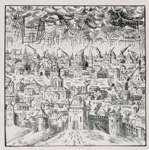 Erdbeben in Baden - in „Sammlung von 39 Figuren, die die Katastrophen Frankreichs von 1562 bis 1586 darstellen“; Druck von Louis Perrin von Unknown artist