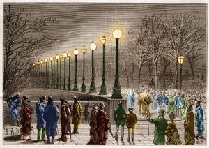 Elektrische Beleuchtung: Stehlampen vom Victoria Quay in London, Großbritannien. Gravur in „La Nature“ von Unknown artist