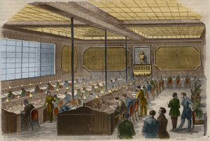 Elektrische Telegrafie: Ansicht der Zentralstation der Telegrafenleitungen im französischen Innenministerium in Paris. Gravur von 1856 in „Le Musée Des Sciences“.