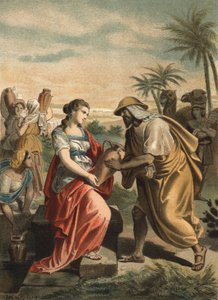Eliezer, Abrahams Diener, hat gerade Rebekka gefunden, die zukünftige Frau von Isaak. Gravur von 1881 in „El Culto de la Hermosura“ von Juan Justo Huguet, Molinas Hermanos editores von Unknown artist