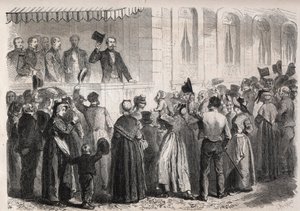 Kaiser Napoleon III. auf der Terrasse der Villa von Strauss in Vichy, begrüßt vom Volk am 7. Juli 1861 - Gravur in „The Illustrous World“ von Unknown artist