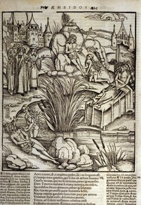 Eneide von Virgil (70 v. Chr.-19 v. Chr.), Buch XII, der trojanische Held Eneas wird von Venus wundersam geheilt und beschließt, die Stadt Latinus zu stürmen. Der König von Latium stirbt (rechts) und Eneas wird König, indem er die Tochter des verstorbenen  von Unknown artist