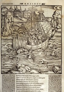 Eneide von Virgil (70 v. Chr.-19 v. Chr.), die trojanischen Helden Eneas und seine Gefährten überqueren ein Meer voller Sirenen. Holzschnitt von Sebastian Brant. Straßburg