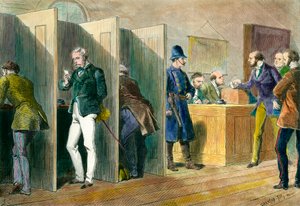 Englische Demokratie: In einem Wahllokal während der Wahlen in England mit Darstellung der Wahlkabinen. Gravur des 19. Jahrhunderts