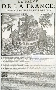 Holzschnitt. Mazarinade politisches Pamphlet: „Die Rettung Frankreichs in den Armen der Stadt Paris“ A - Der gute Geist Frankreichs, der seine Majestät (Louis XIII) in seiner königlichen Flotte verzehrt, B - Prinz de Conty, C - Herzog von Bouillon und de l von Unknown artist