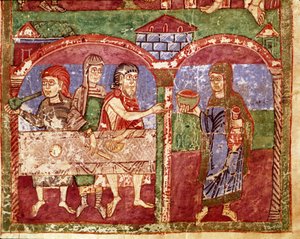 Episode aus dem Leben der Heiligen Radegunde von Poitiers (519-587), Ehefrau von Chlothar I., König der Franken: Radegunde bei ihren Wohltätigkeitsarbeiten, sie bedient die Armen. Miniatur aus einem Manuskript des 11. Jahrhunderts. Stadtbibliothek von Poit von Unknown artist