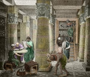 Gelehrte in der Bibliothek von Alexandria, zerstört 642, Ägypten) (Ansicht der Bibliothek von Alexandria, Ägypten) 19. Jahrhundert
