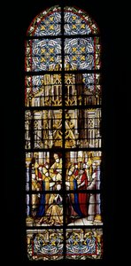 Eugene III., ehemaliger Mönch von Clairvaux, besteigt am 15. Februar 1145 den päpstlichen Thron. Buntglasfenster in der Kathedrale von Tournai: linkes Querschiff (2).