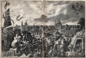 Evokation der Freundschaft zwischen Frankreich und Russland und der russischen Ausstellung, die 1892 auf dem Champ de Mars in Paris stattfinden wird - Gravur in „La Science française“ von Unknown artist