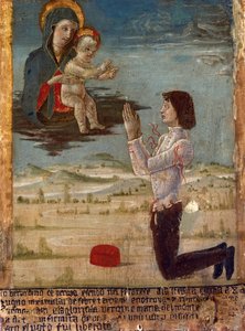 Ex-Voto, das Madonna und Kind mit einem knienden betenden Mann darstellt, Abtei St. Maria del Monte, Cesena, Emilia-Romagna, Italien
