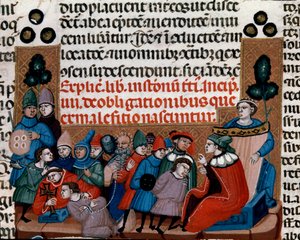 Ausführung einer Miniaturverurteilung aus dem Justinianischen Kodex (Codex Justinianus), eine Sammlung von Gesetzen und Institutionen, die unter dem römischen Kaiser Justinian I. von Byzanz (483-565) redigiert wurden