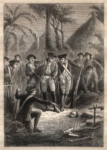 Expedition von Nicolas Thomas Marion-Dufresne (1729-1772): auf der Suche nach Marion und ihren vermissten Kameraden entdecken Matrosen einen Schädel und menschliche Überreste im Dorf Tacouri (Matuaro-Insel, Neuseeland) - Illustration aus „Die großen Seefah