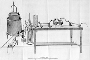 Experiment von Lavoisier. Gravur vom Anfang des 19. Jahrhunderts