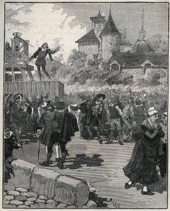 Erfahrung des mechanischen Prägens durch Nicolas Briot (Graveur du Royaume de France) (1579-1646) im Jahr 1616. Gravur von 1885 in „Les arts et metiers illustres“ von Adolphe BITARD von Unknown artist