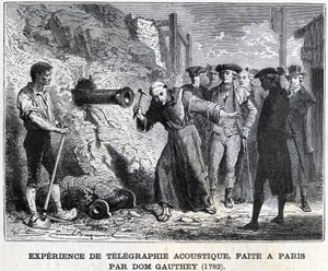 Experiment in der akustischen Telegrafie, durchgeführt in Paris von Gauthey im Jahr 1782, Gravur 19. Jahrhundert, Bianchetti-Sammlung.