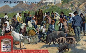 Messen und Märkte: Viehmarkt in Sizilien. Chromolithographie, Liebig-Bild.