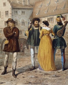 Falkner, Dame und Troubadour: Straßenszene in Straßburg im Mittelalter von Unknown artist