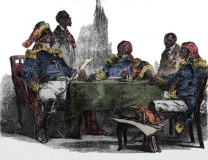 Faustin Soulouque (1782-1867) genannt Faustin I., Kaiser von Haiti von 1847 bis 1859, dargestellt bei einem Treffen. Gravur aus „Emporio picturesco“ 1850 von Unknown artist