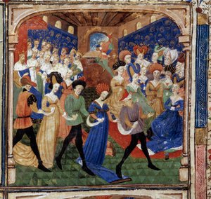 Fest am Hofe von König Artus. Königin Genievre ist von 12 Königen umgeben. Miniatur aus dem Manuskript „Der Roman der Suche nach dem Gral“ 1450-1460 Dijon. Stadtbibliothek von Unknown artist