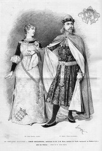 Fides Devries in der Rolle der Amelia und Victor Maurel (1848-1923) in der Rolle des Simon Boccanegra in der gleichnamigen Oper in drei Akten von Giuseppe Verdi, Libretto von Francesco Maria Piave nach einem Stück von Antonio Garcia Gutierrez