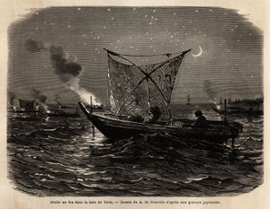 Feuerfischen in der Bucht von Yedo (oder Edo, heutiges Tokio), während der Nacht, jedes Boot trägt eine Art Grill an der Vorderseite, das Licht zieht Fische an, die mit einem großen Netz gefangen werden. Illustration Japans, Reisebericht von Aime Humbert, 