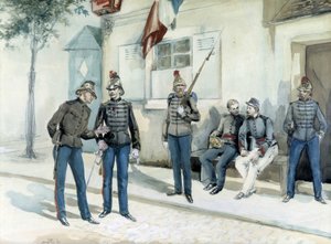 Feuerwehrleute vor ihrer Kaserne im Jahr 1870 von Unknown artist