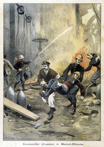 Feuerwehrleute im Einsatz während eines Brandes in der Usine in Saint Denis. Illustration des „Petity Journal“ von 1899