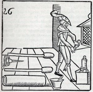 Feuerwerk und Feuerwerkskörper: Handwerker bei der Herstellung von Raketen. Reproduktion der Gravuren aus dem Werk des französischen Jesuiten Jean Leurechon La Récréation Mathématique, ou Entretien Facétieux sur Plusieurs Plaisants Problèmes, en Fait d