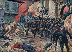 Erster Balkankrieg „Die bulgarische Armee triumphiert nach der Schlacht von Kirk Kilisse (Lozengrad) am 24/10/1912, Türkei“ von Unknown Artist