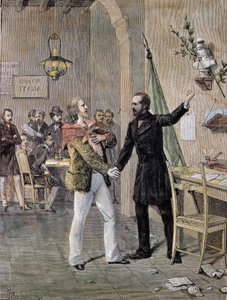 Erstes Treffen zwischen Giuseppe Garibaldi und Giuseppe Mazzini in Marseille 1833 (Gravur)