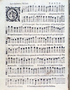 Erste Seite von Balletti für fünf Stimmen von Giovanni Giacomo Gastoldi