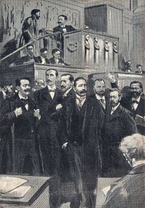 Erste Sitzung der Abgeordnetenkammer, gewählt 1898: Paul Deschanel (1855-1922), Präsident der Abgeordnetenkammer. Paul Adolphe Granier de Cassagnac (1842-1904), Lucien Millevoye (1850-1918), Paul Deroulede (1846-1914), Jacques Piou (1838-1932), Eugen. von Unknown artist