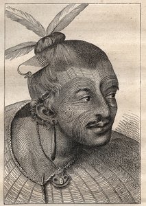 Erste Reise (1768-1771) von Kapitän James Cook (1728-1779): tätowierter Kopf eines Neuseeländers - Illustration aus „Die großen Seefahrer des 18. Jahrhunderts“ von Unknown artist