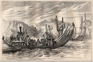 Erste Reise (1768-1771) von Kapitän James Cook (1728-1779): die Tahiti-Flotte versammelt sich in Oparee - Illustration aus „Die großen Seefahrer des 18. Jahrhunderts“